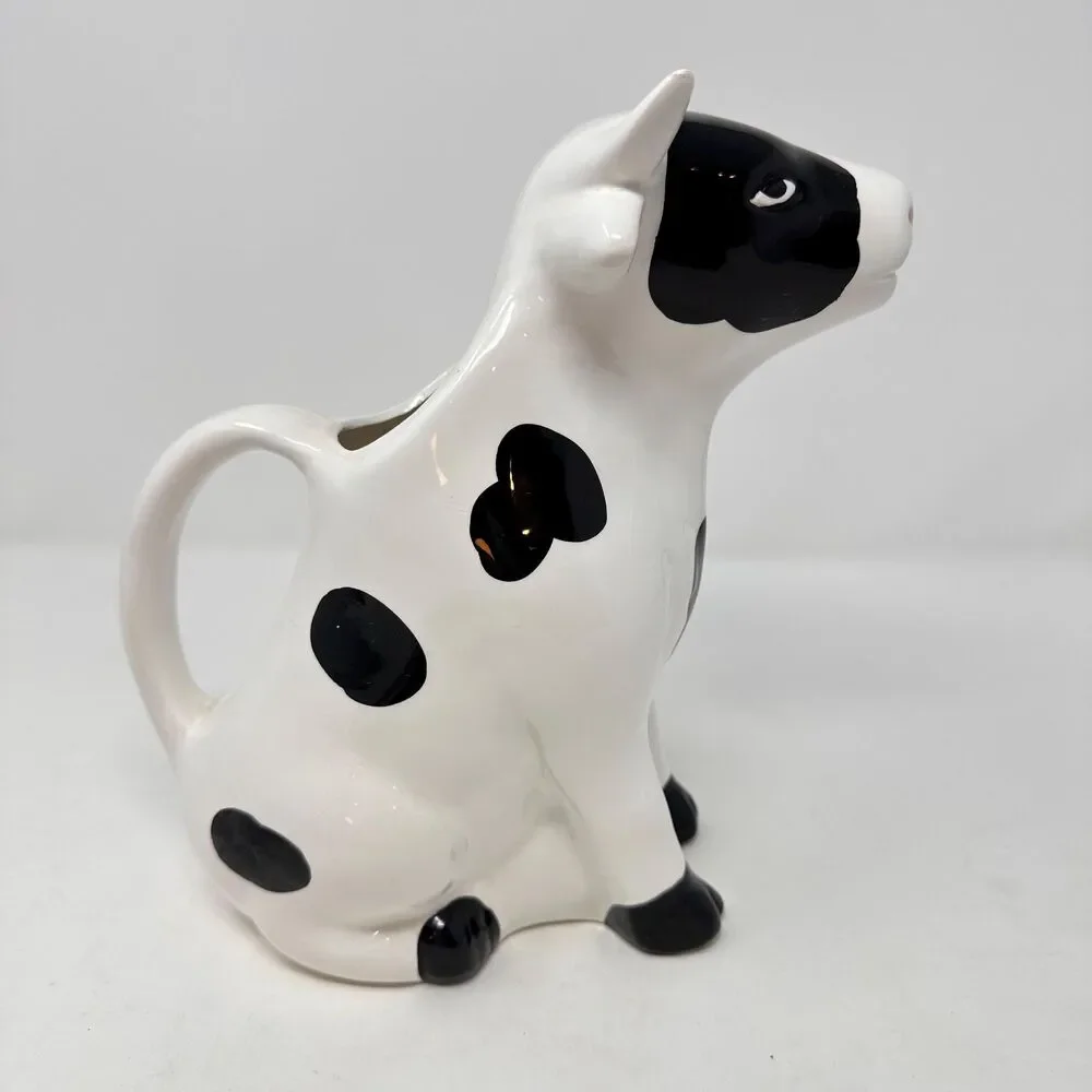 Vintage Cow Pitcher Ceramic Black White Holstein Milk Jug Vase Taiwan - READ